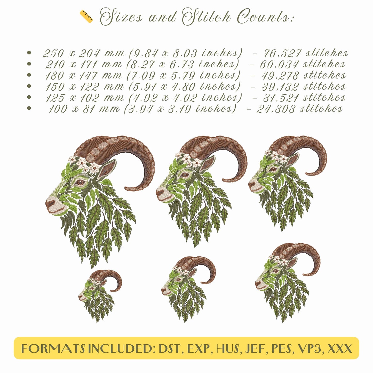 Floral Goat Embroidery Design PES, Botanical Animal Machine Embroidery Pattern, Majestic Goat Embroidery - Nature-Inspired Farm Animal Art!