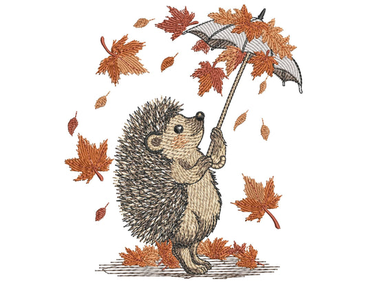 Hedgehog with Umbrella Autumn Machine Embroidery Design, Autumn Fall Machine Embroidery Pattern PES, Woodland Animal Embroidery, Leaves PES
