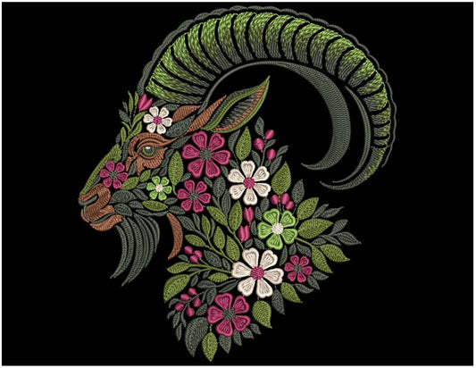 Floral Goat Embroidery Design PES, Mountain Goat Embroidery, Boho Animal Embroidery Pattern, Farm Animal Embroidery, Botanical Embroidery
