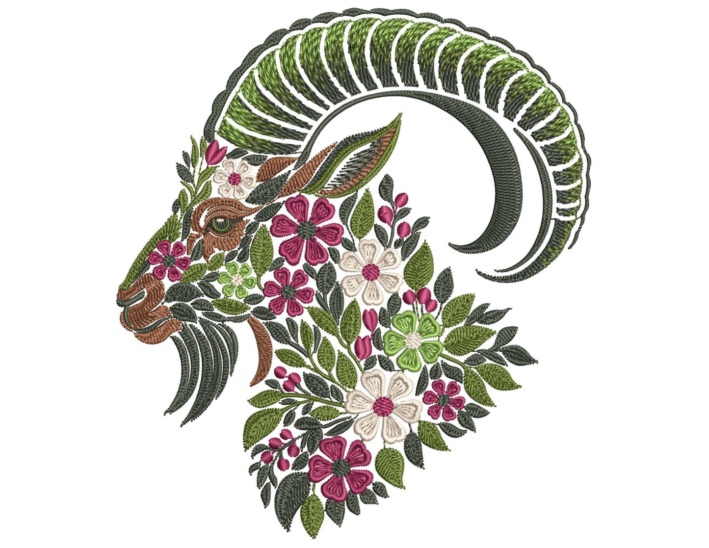 Floral Goat Embroidery Design PES, Mountain Goat Embroidery, Boho Animal Embroidery Pattern, Farm Animal Embroidery, Botanical Embroidery