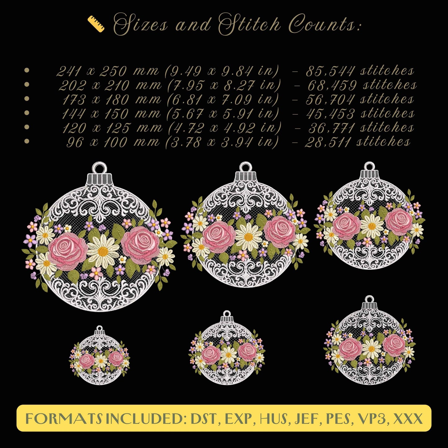 Floral Christmas Ornament Embroidery Design – Elegant New Year’s Ball with Roses and Daisie, Christmas Ornament Embroidery PES, Bauble PES