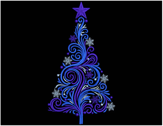 Elegant Swirl Christmas Tree Embroidery Design PES, Swirly Holiday Tree with Star, Snowflakes, Embroidery Pattern PES DST, Tree Pattern pes