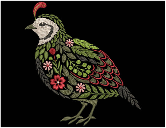 Floral Quail Machine Embroidery Design PES, California Quail Pattern PES, Embroidery of Farm Birds, Botanical Bird Embroidery DST jef vp3