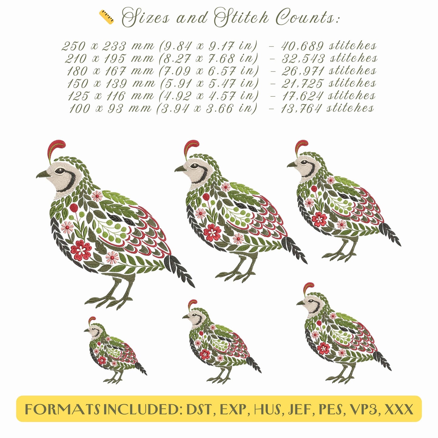 Floral Quail Machine Embroidery Design PES, California Quail Pattern PES, Embroidery of Farm Birds, Botanical Bird Embroidery DST jef vp3