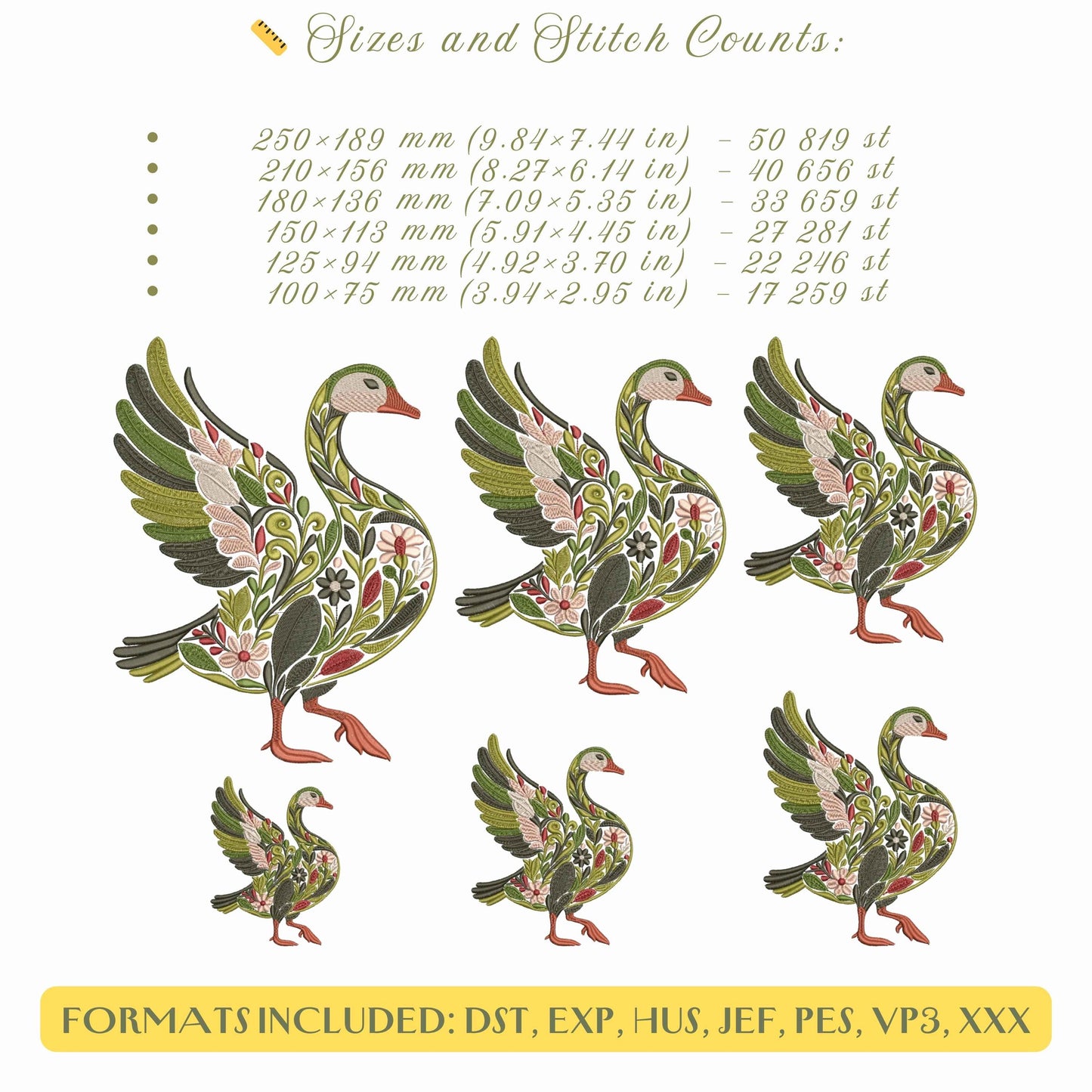 Farm Birds Floral Embroidery Set – Turkey, Goose, Duck & Quail Machine Embroidery Designs, Floral Bird Embroidery PES, Botanical Embroidery