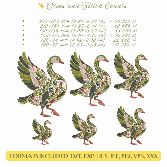 Farm Birds Floral Embroidery Set – Turkey, Goose, Duck & Quail Machine Embroidery Designs, Floral Bird Embroidery PES, Botanical Embroidery