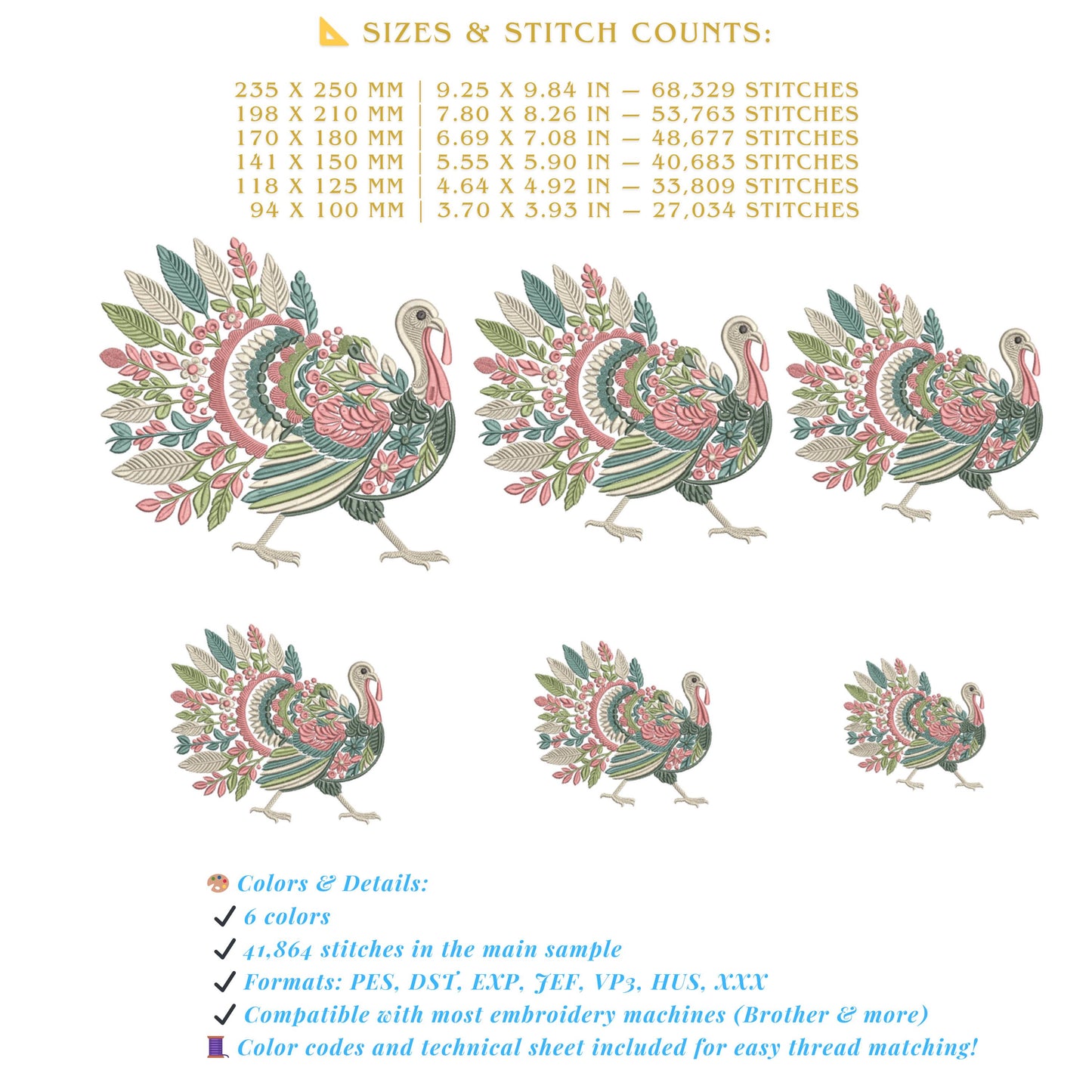 Farm Birds Floral Embroidery Set – Turkey, Goose, Duck & Quail Machine Embroidery Designs, Floral Bird Embroidery PES, Botanical Embroidery
