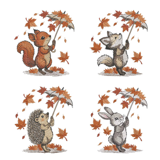 Autumn Animals With Umbrella – Machine Embroidery Design Set, Fox Squirrel Bunny Hedgehog Embroidery Design PES DST, Embroidery For Kids PES