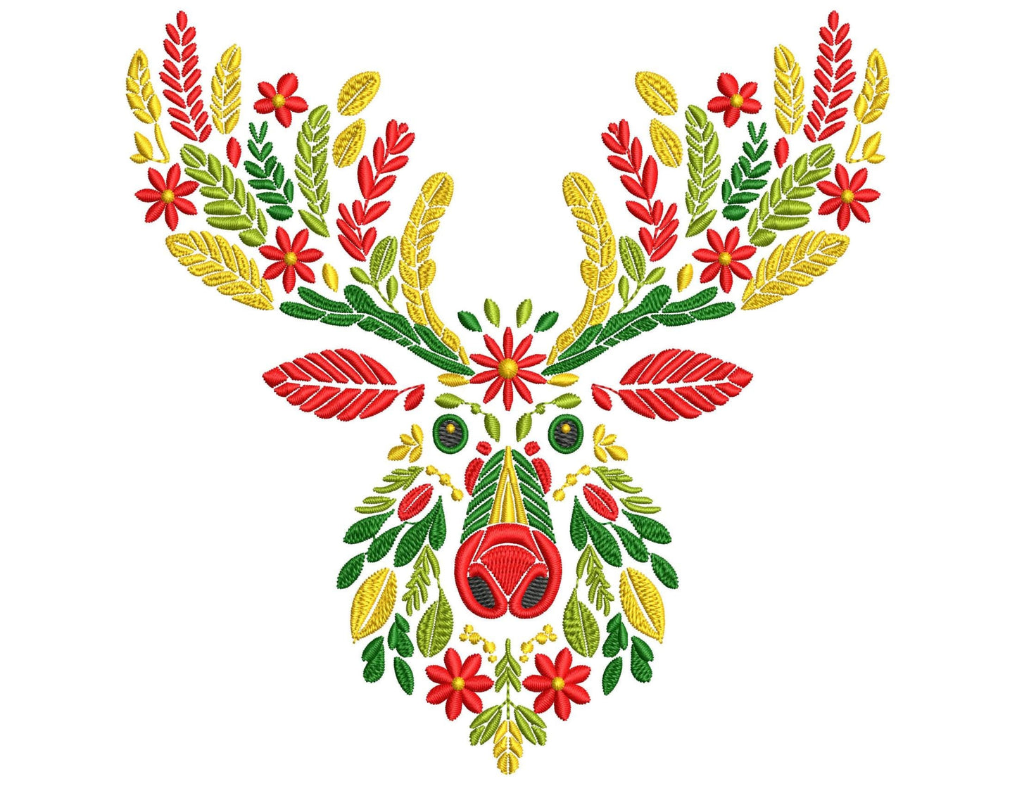 Christmas Folk Floral Deer Machine Embroidery Design, Christmas Reindeer Pattern PES, Unique Xmas Stag Embroidery, Festive Embroidery File
