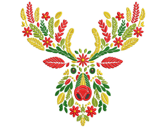 Christmas Folk Floral Deer Machine Embroidery Design, Christmas Reindeer Pattern PES, Unique Xmas Stag Embroidery, Festive Embroidery File
