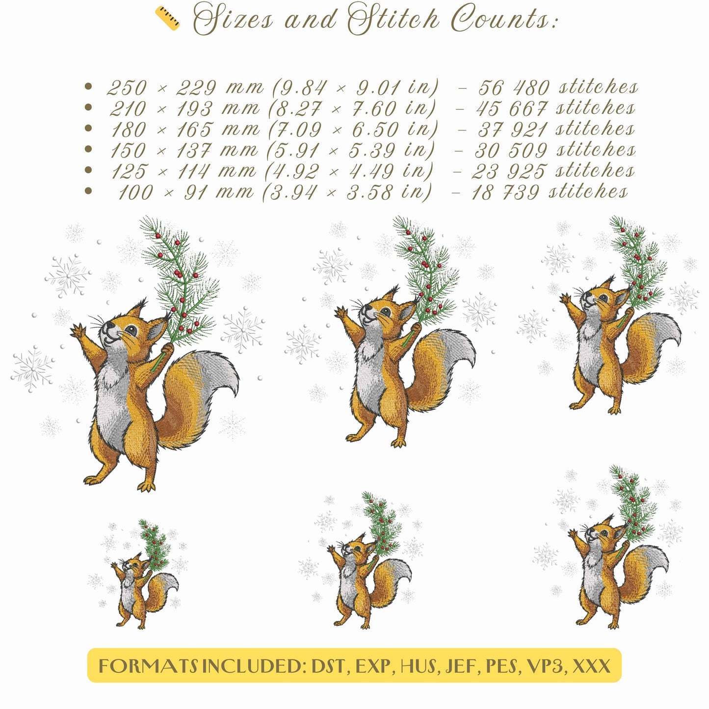 Christmas Squirrel with Pine Twig Machine Embroidery Design, Winter Animal Embroidery, Snowflakes Embroidery Pattern PES, Squirrel PES DST