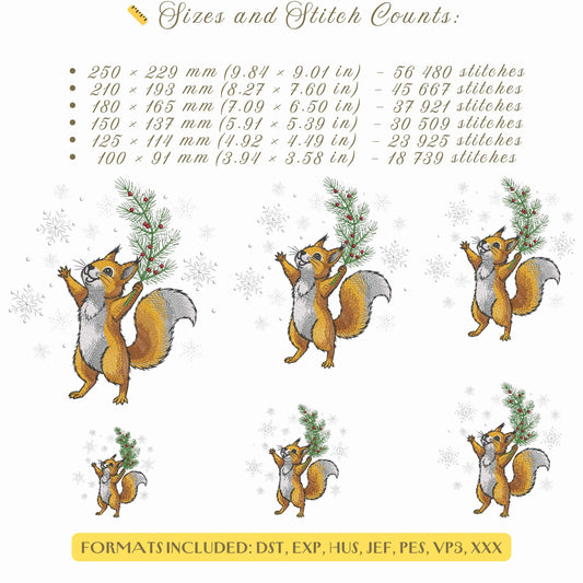 Christmas Squirrel with Pine Twig Machine Embroidery Design, Winter Animal Embroidery, Snowflakes Embroidery Pattern PES, Squirrel PES DST