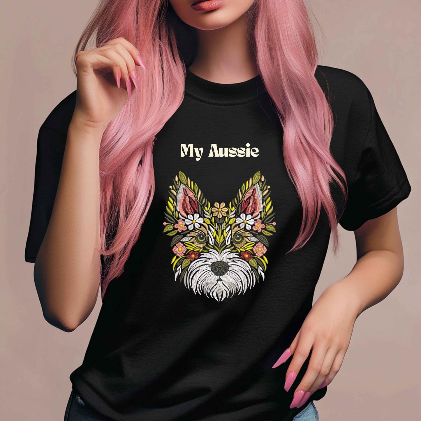 Floral Australian Terrier Machine Embroidery Design, Aussie Terrier Embroidery Pattern PES, Dog Embroidery Design, Pet Embroidery PES DST