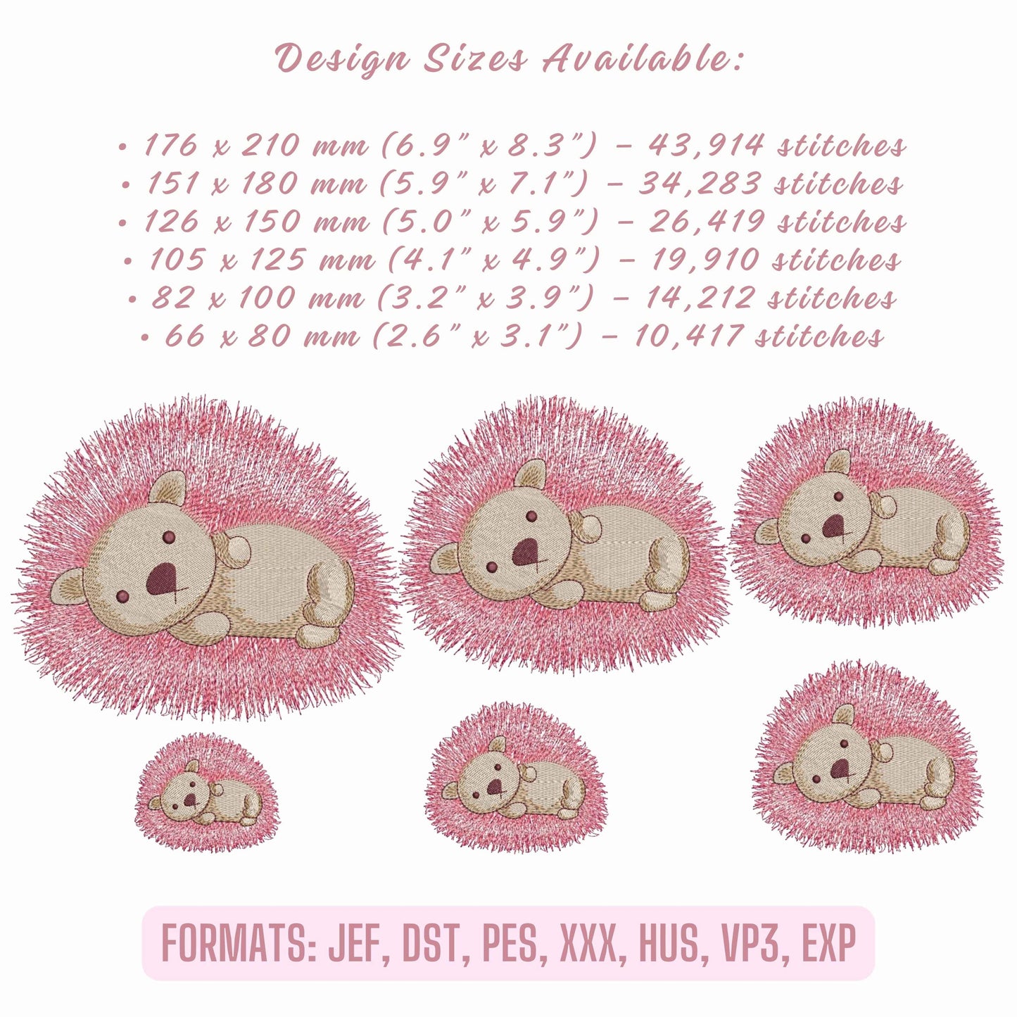 Sleppy Pink Hedgehog Machine Embroidery Design PES, Cute Baby Hedgehog Pattern, Embroidery Pattern for Kids Clothes, Nursery Decor, Quilt