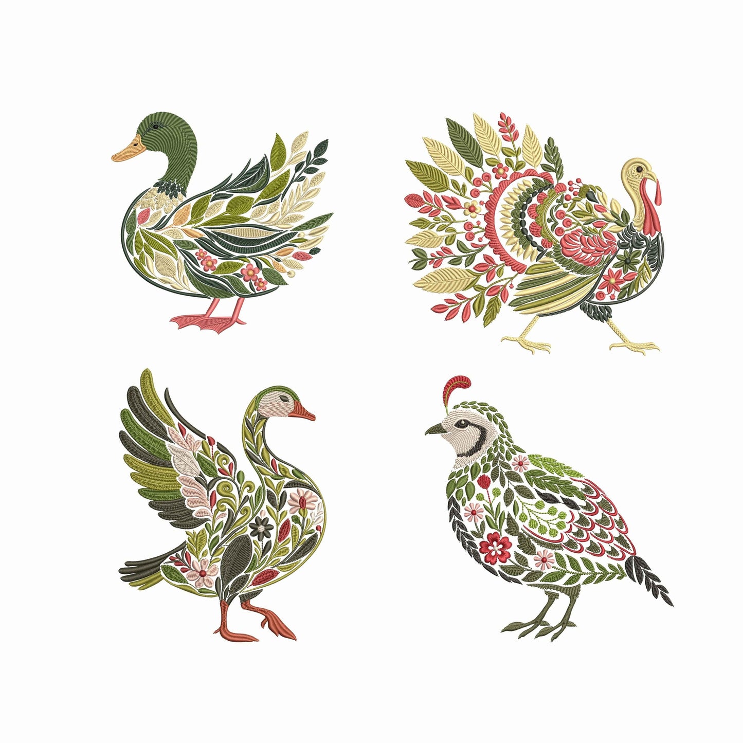 Farm Birds Floral Embroidery Set – Turkey, Goose, Duck & Quail Machine Embroidery Designs, Floral Bird Embroidery PES, Botanical Embroidery