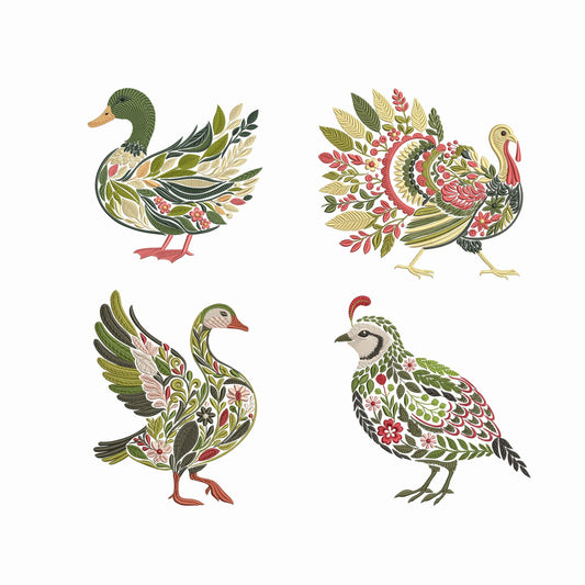 Farm Birds Floral Embroidery Set – Turkey, Goose, Duck & Quail Machine Embroidery Designs, Floral Bird Embroidery PES, Botanical Embroidery