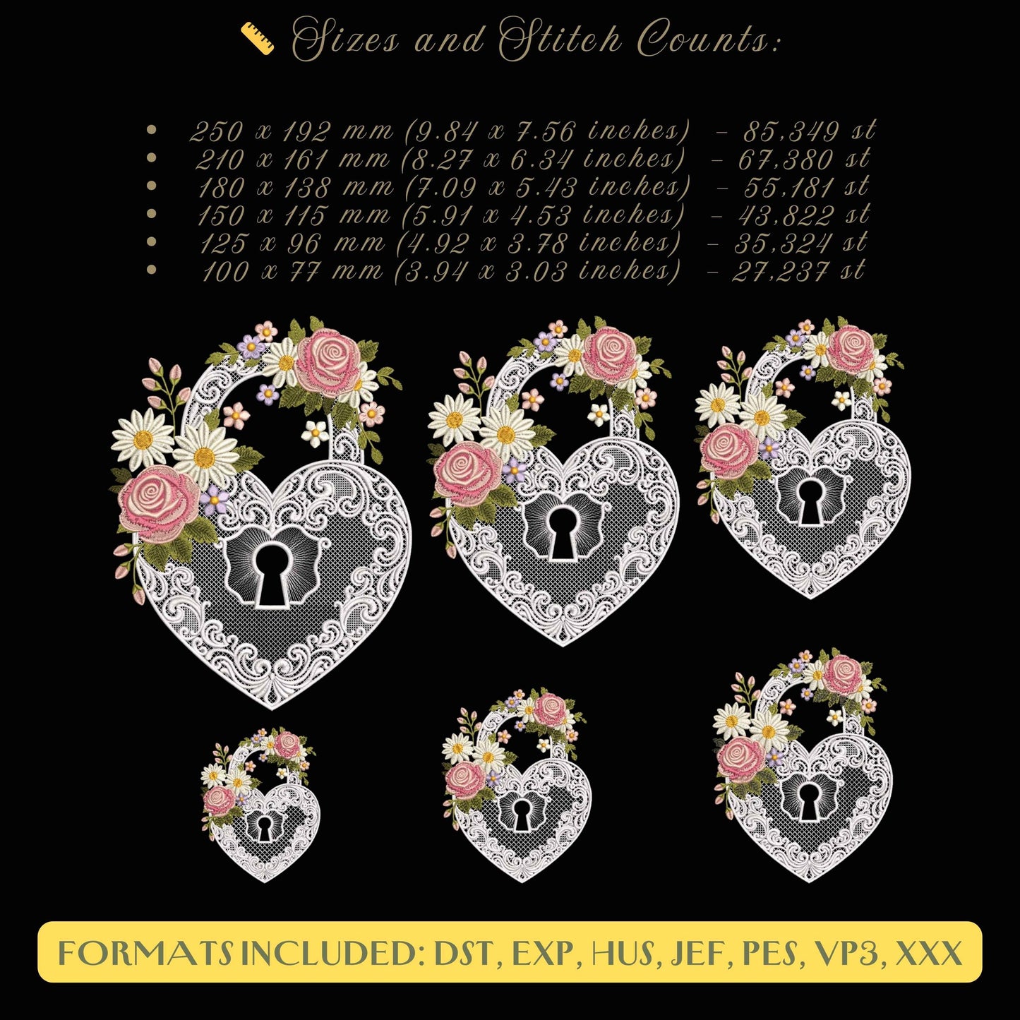 Vintage Love Lock Machine Embroidery Design PES, Romantic Victorian Pattern, Heart Lock with Floral Embroidery, Antique Lock Embroidery PES