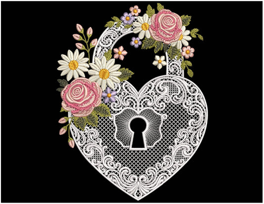 Vintage Love Lock Machine Embroidery Design PES, Romantic Victorian Pattern, Heart Lock with Floral Embroidery, Antique Lock Embroidery PES