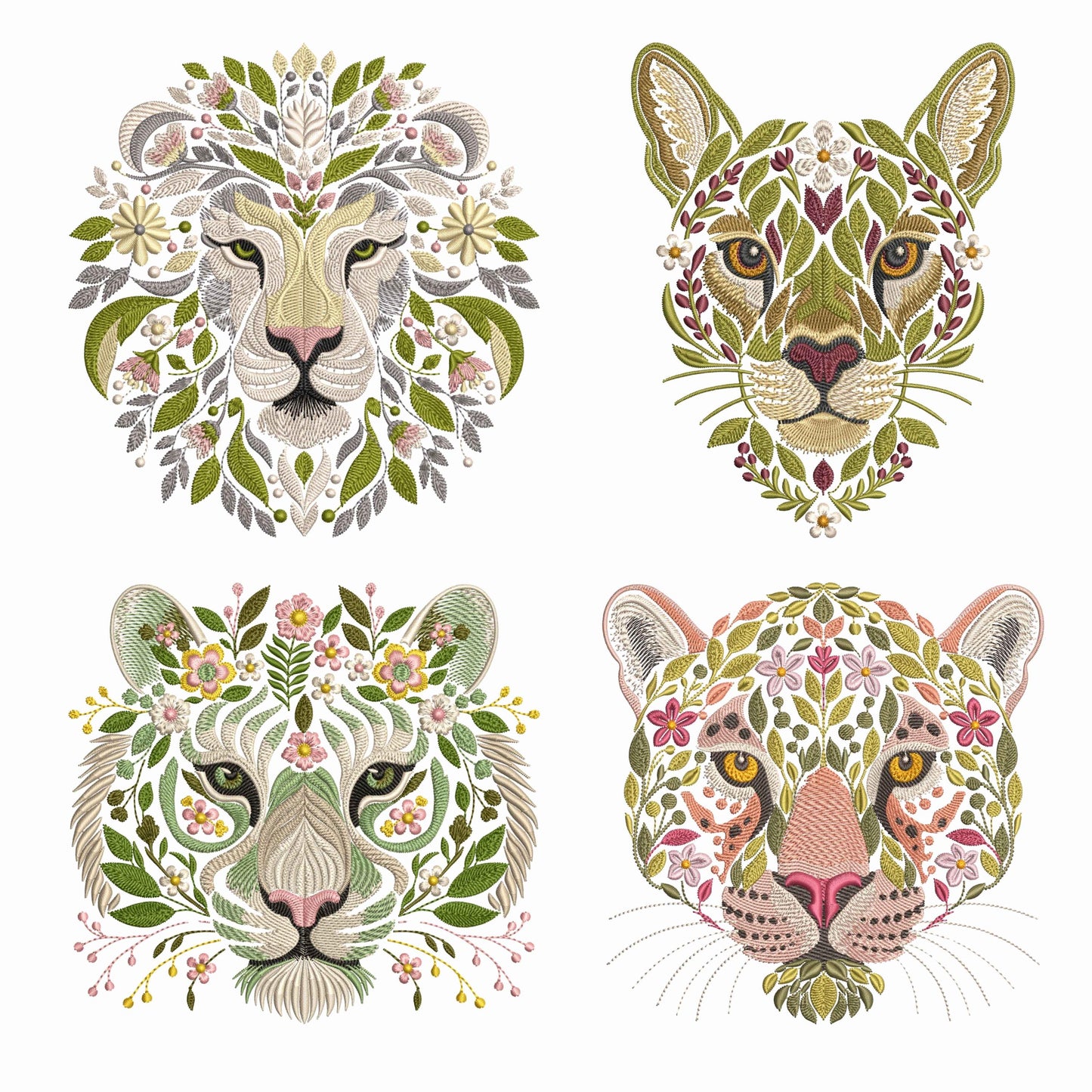 Big Cats Embroidery Bundle, Tiger, Lion, Puma, Jaguar Head Floral Machine Embroidery Design Set, Jungle Animal Embroidery Pack, Wild Cat PES