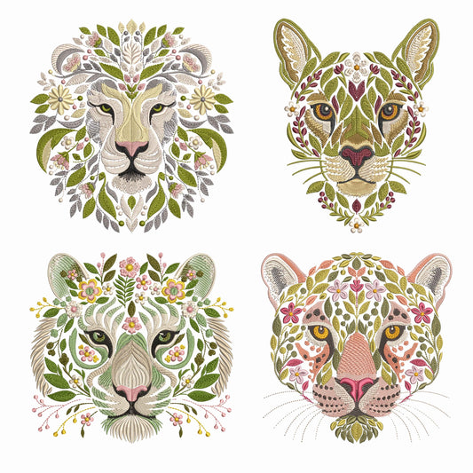 Big Cats Embroidery Bundle, Tiger, Lion, Puma, Jaguar Head Floral Machine Embroidery Design Set, Jungle Animal Embroidery Pack, Wild Cat PES
