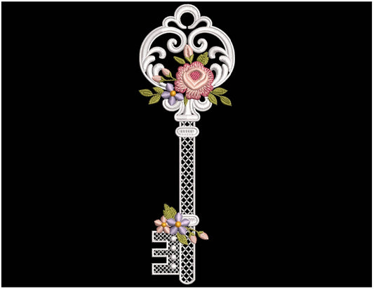 Floral Key Embroidery Design, Vintage Romantic Lace Key with Flowers, Patten for Wedding Gifts, Tote Bags, Pillows Romantic Decor & Apparel