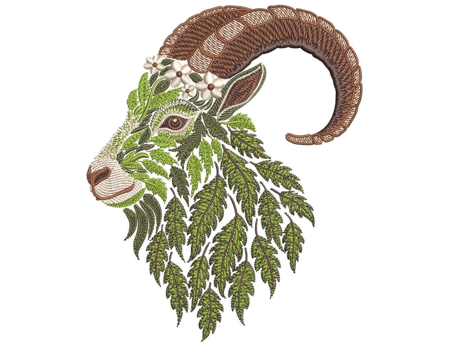 Floral Goat Embroidery Design PES, Botanical Animal Machine Embroidery Pattern, Majestic Goat Embroidery - Nature-Inspired Farm Animal Art!