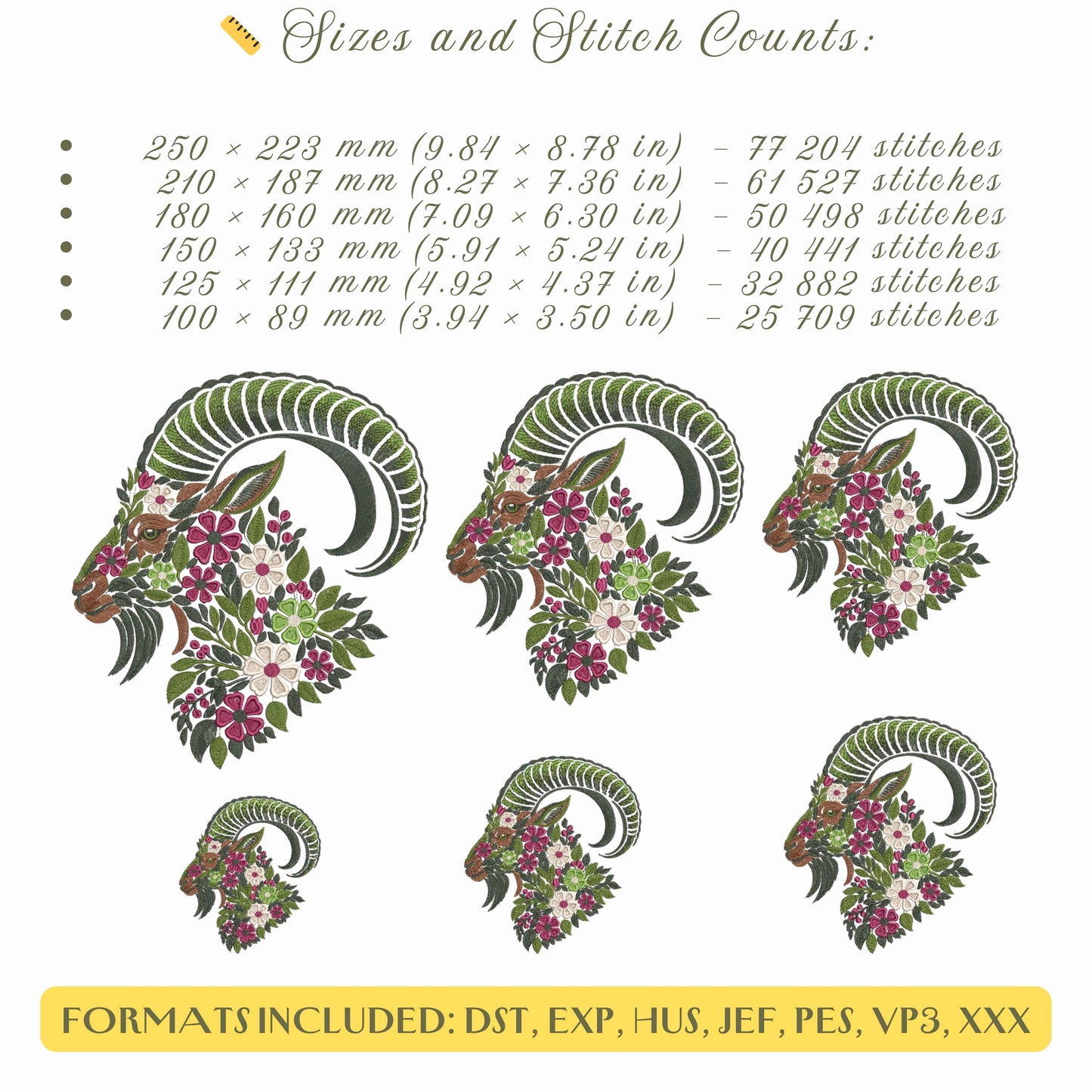 Floral Goat Embroidery Design PES, Mountain Goat Embroidery, Boho Animal Embroidery Pattern, Farm Animal Embroidery, Botanical Embroidery