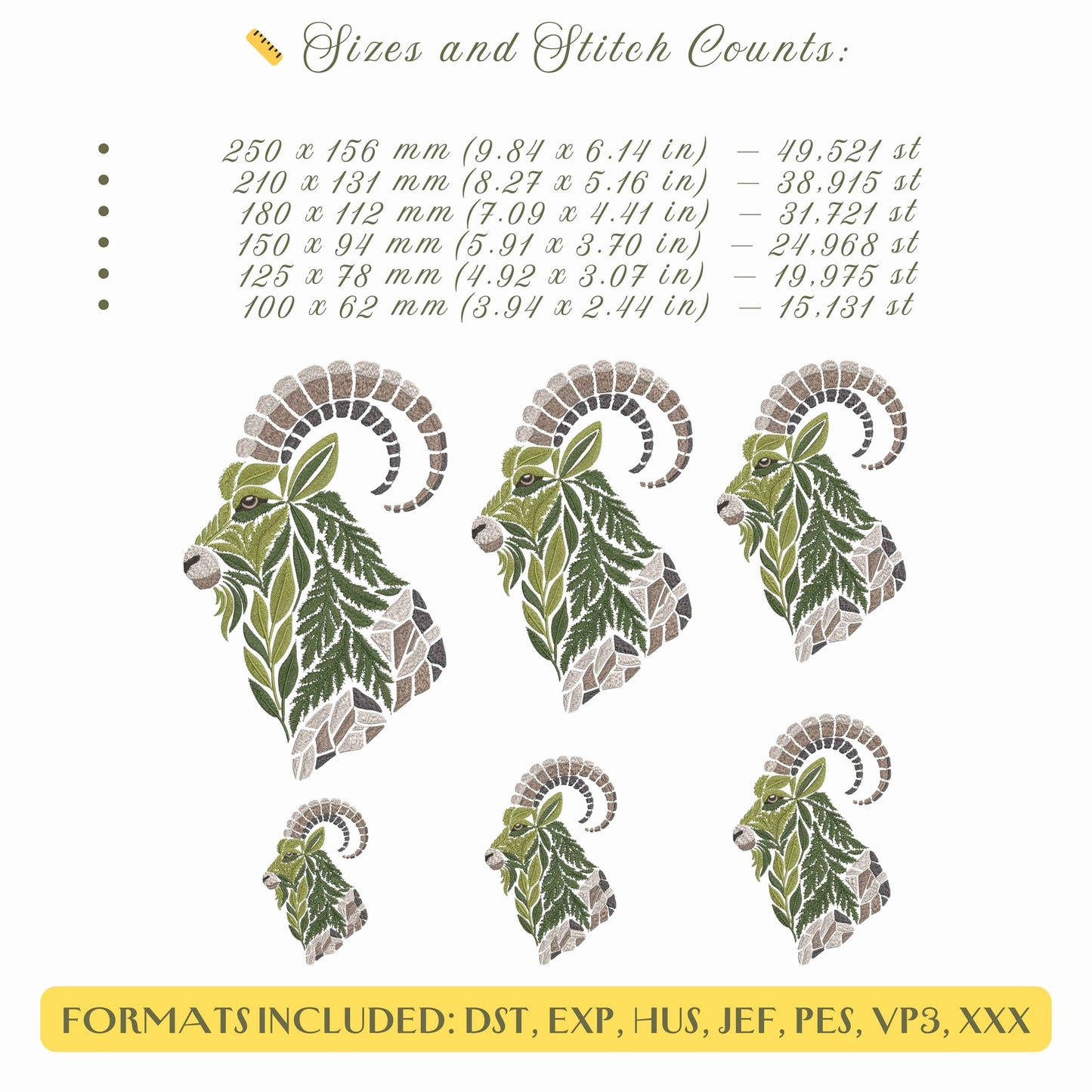 Mountain Goat Machine Embroidery Design With Stones  PES, Floral Goat Embroidery Pattern File, Botanical Animal Embroidery, Goat DST VP3 JEF