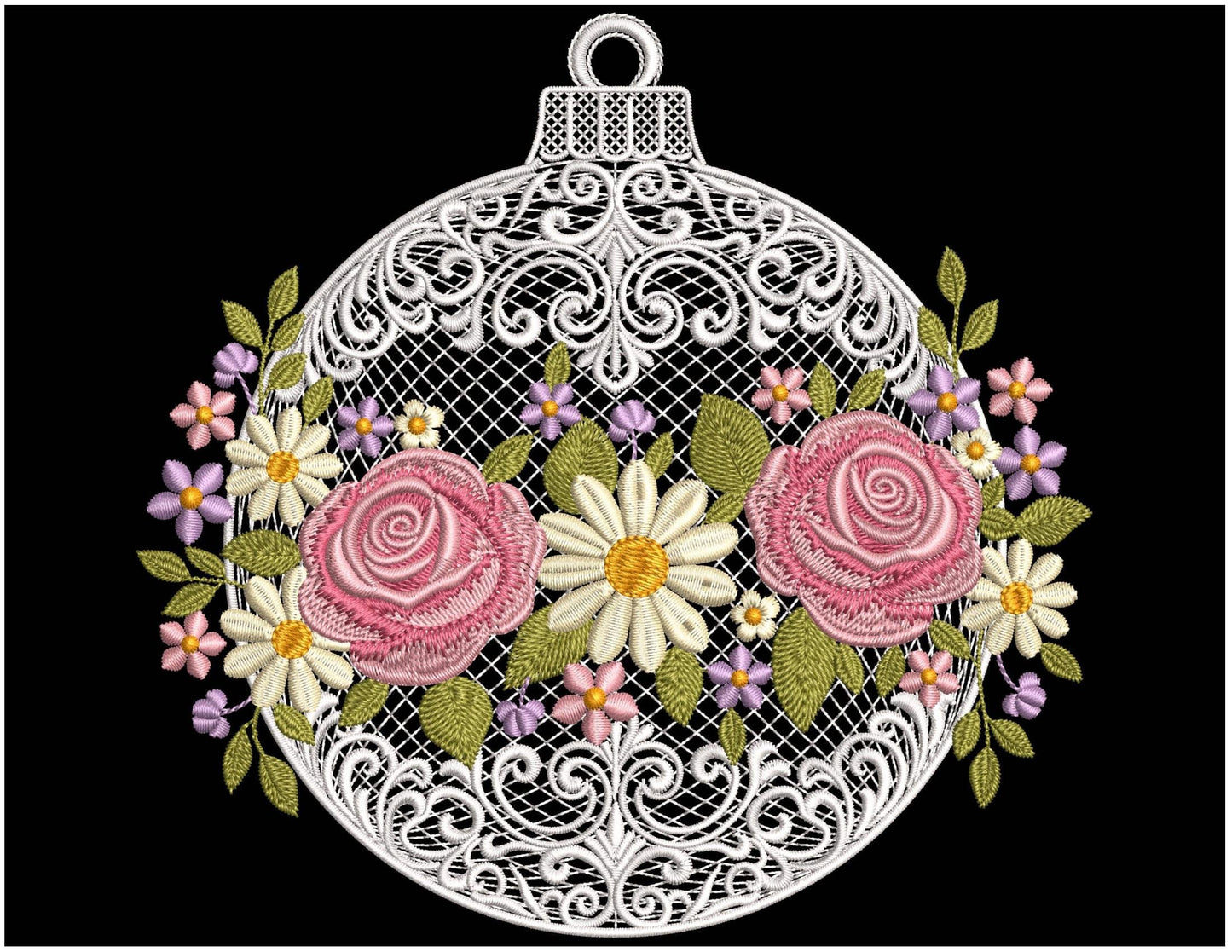 Floral Christmas Ornament Embroidery Design – Elegant New Year’s Ball with Roses and Daisie, Christmas Ornament Embroidery PES, Bauble PES