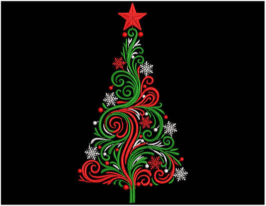Elegant Swirl Christmas Tree Embroidery Design PES, Swirly Holiday Tree with Star, Snowflakes, Embroidery Pattern PES DST, Tree Pattern pes