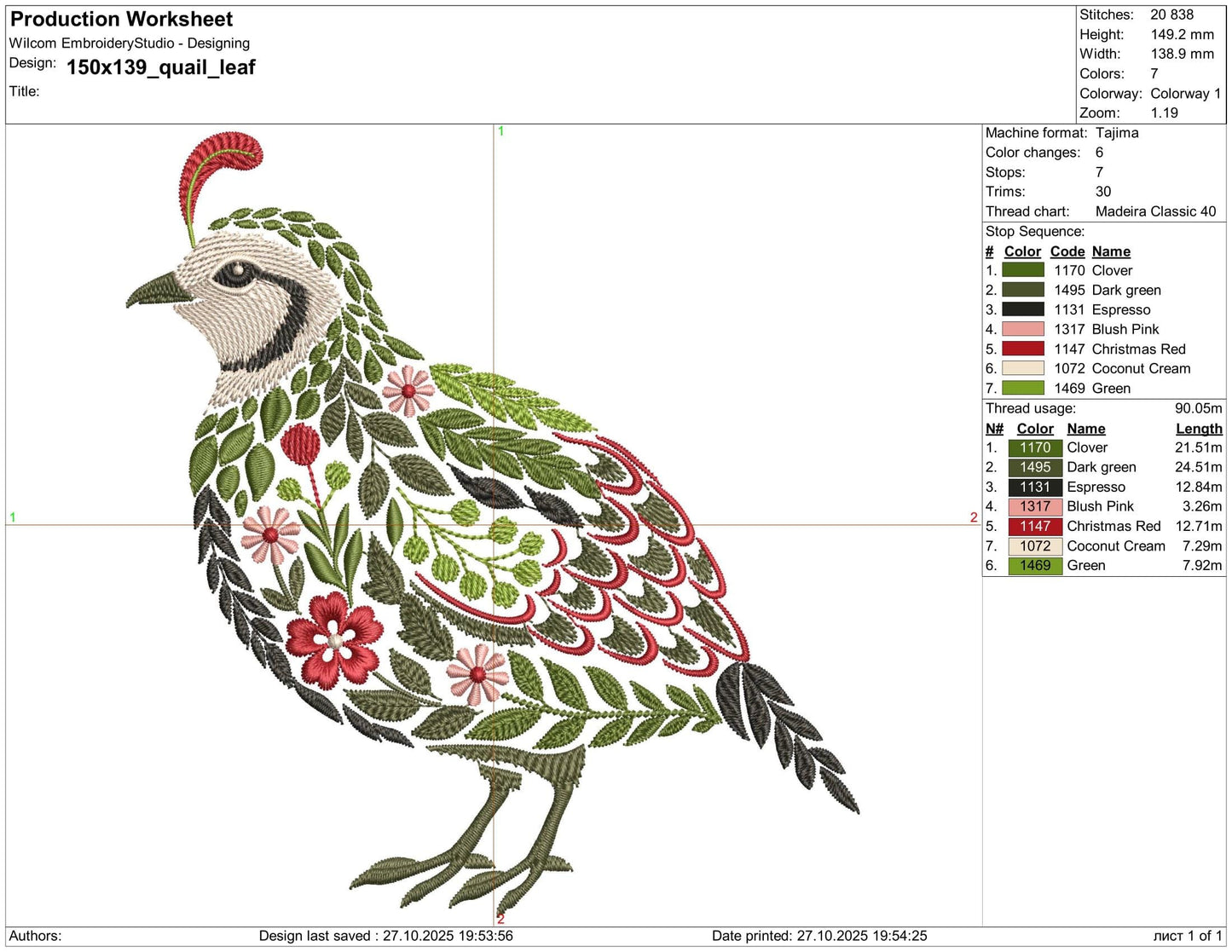 Floral Quail Machine Embroidery Design PES, California Quail Pattern PES, Embroidery of Farm Birds, Botanical Bird Embroidery DST jef vp3
