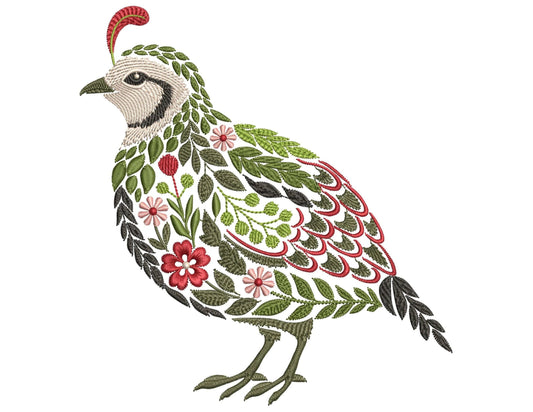 Floral Quail Machine Embroidery Design PES, California Quail Pattern PES, Embroidery of Farm Birds, Botanical Bird Embroidery DST jef vp3