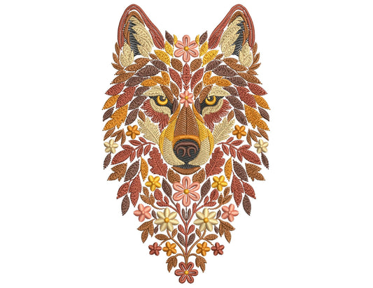 Autumn Wolf Machine Embroidery Design — Floral & Leaf Wolf Head, Autumn Floral Animal Pattern PES, Wolf Pattern Embroidery PES, Fall Leaves