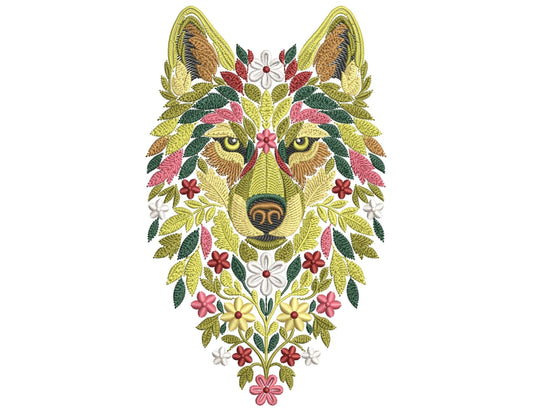 Floral Wolf Embroidery Design, Boho Wolf Embroidery Pattern PES, Animal Embroidery, Embroidery For Clothing, Hoodies, Bags, Home Decor PES