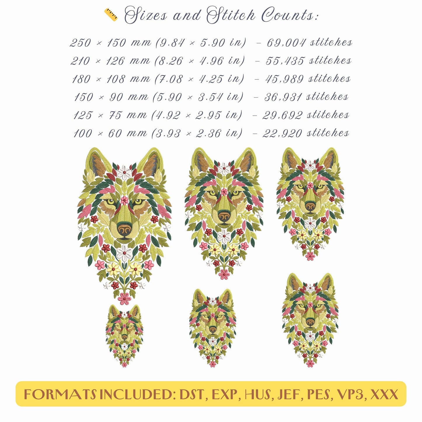 Floral Wolf Embroidery Design, Boho Wolf Embroidery Pattern PES, Animal Embroidery, Embroidery For Clothing, Hoodies, Bags, Home Decor PES