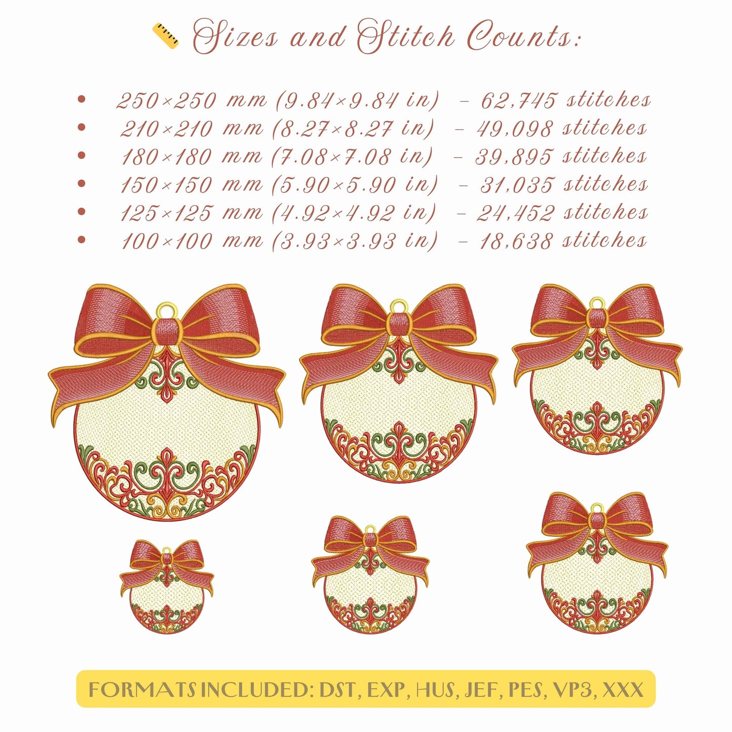 Christmas Ornament with Bow – Machine Embroidery Design, Festive Bauble Embroidery PES, Xmas Bow Decoration DST PES, Bauble Pattern pes jef