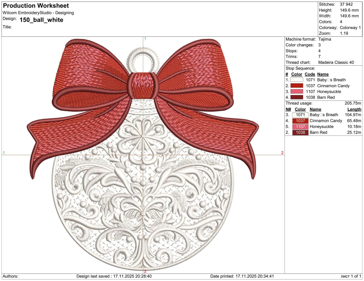 White Christmas Ornament with Red Bow – Machine Embroidery Design, Filigree Holiday Bauble Machine Embroidery Pattern PES, Bow Pattern PES