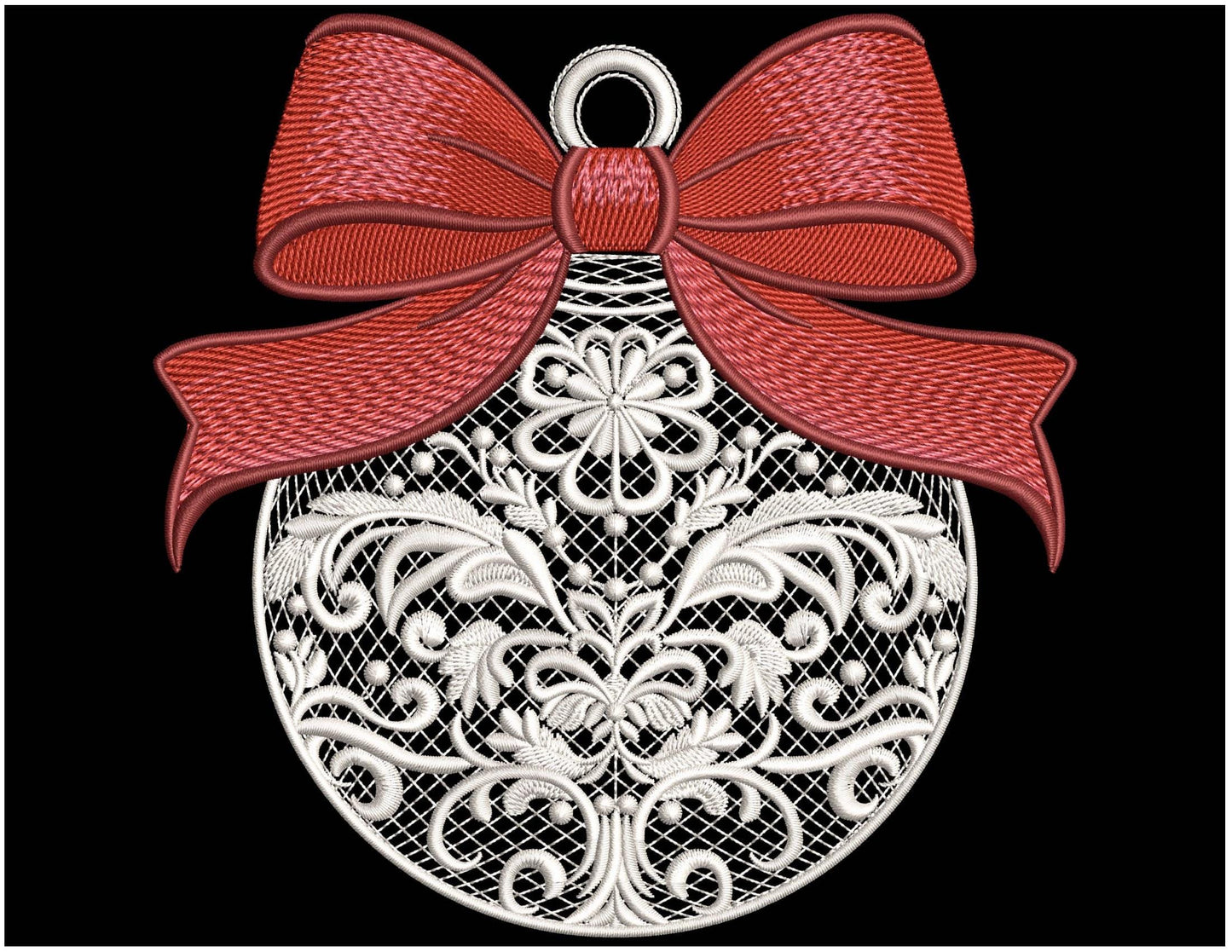 White Christmas Ornament with Red Bow – Machine Embroidery Design, Filigree Holiday Bauble Machine Embroidery Pattern PES, Bow Pattern PES