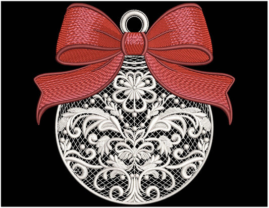 White Christmas Ornament with Red Bow – Machine Embroidery Design, Filigree Holiday Bauble Machine Embroidery Pattern PES, Bow Pattern PES
