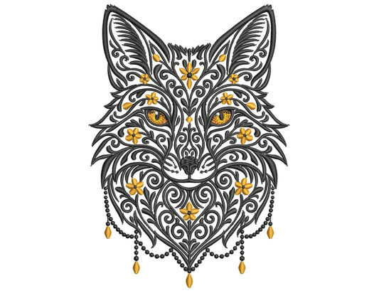 Gothic Fox Embroidery Design, Ornate Fox Embroidery, Mystical Fox Pattern PES, Animal Embroidery, Baroque Fox Embroidery, Tattoo Style Fox