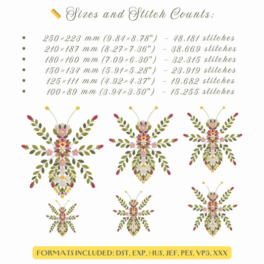 Floral Ant Machine Embroidery Design, Nature Bug Insect Embroidery PES, Botanical Insect Pattern for Unique Apparel, Ant Pattern PES DST jef
