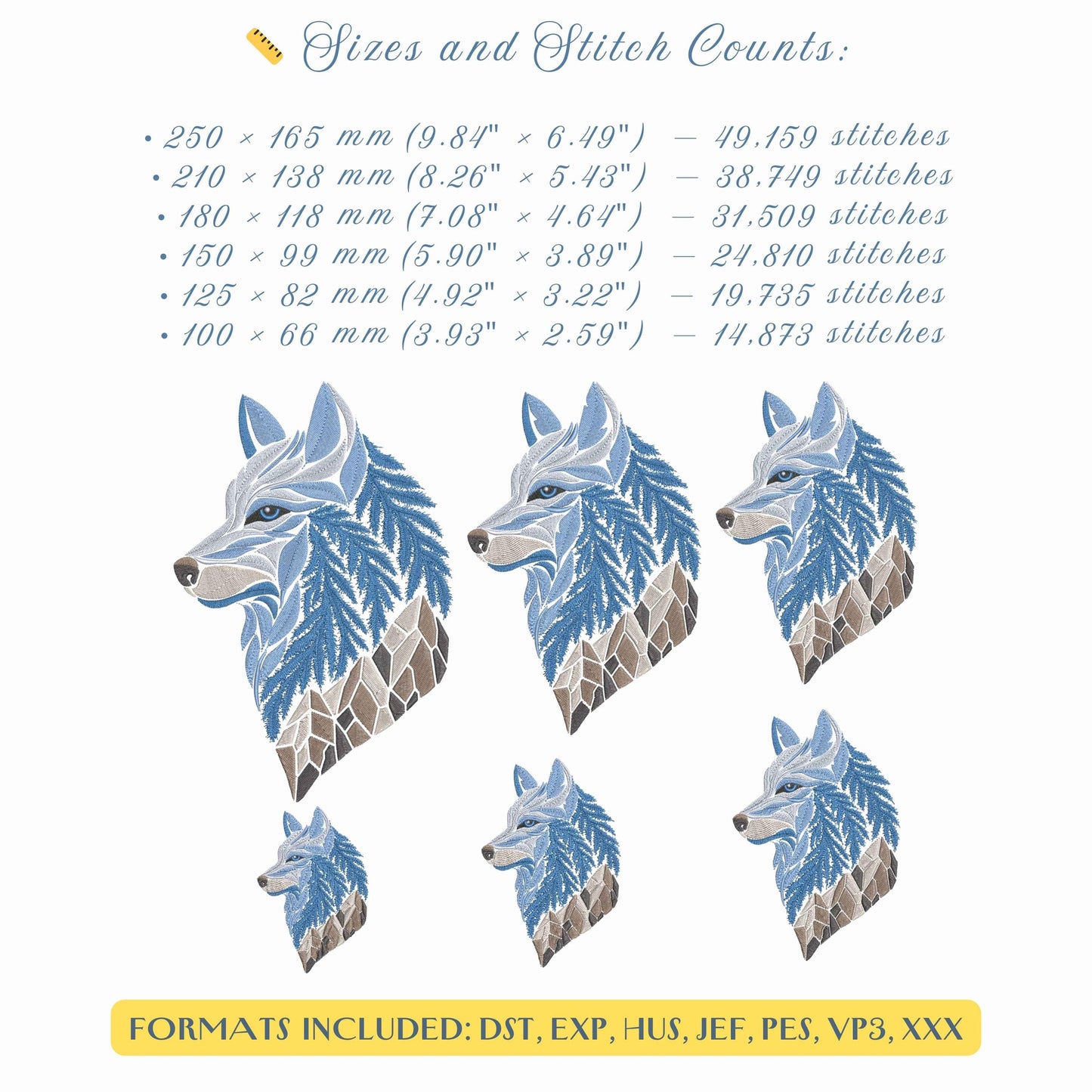 Winter Wolf Machine Embroidery Design, Frost Wolf Pattern, Woodland Animal Embroidery, Winter Wolf With Stones Embroidery PES DST, JEF, exp