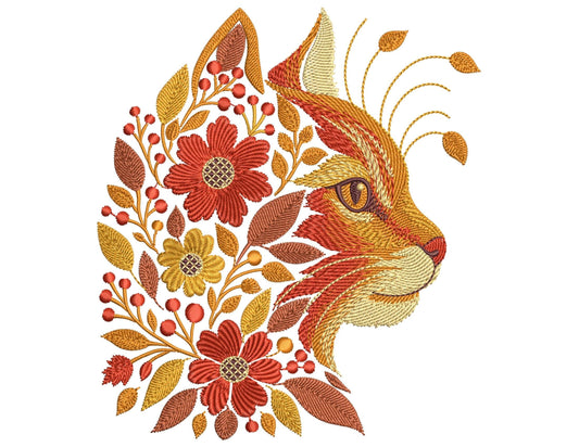 Autumn Ginger Cat Embroidery Design, Floral Machine Embroidery Cat Pattern PES DST, Floral Cat Art Nouveau Pattern, Animal Embroidery PES