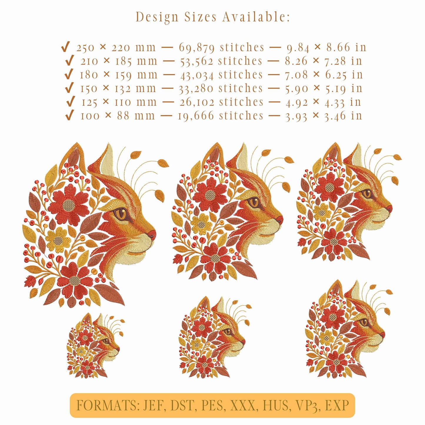 Autumn Ginger Cat Embroidery Design, Floral Machine Embroidery Cat Pattern PES DST, Floral Cat Art Nouveau Pattern, Animal Embroidery PES