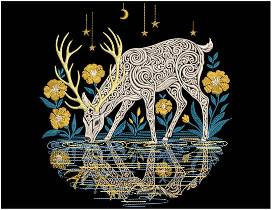 Magic Deer Embroidery Design, Mystical Stag Reflecting Water Embroidery, Floral Woodland Embroidery, Animal Embroidery, Deer Pattern PES DST