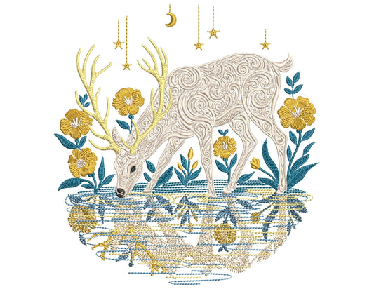 Magic Deer Embroidery Design, Mystical Stag Reflecting Water Embroidery, Floral Woodland Embroidery, Animal Embroidery, Deer Pattern PES DST