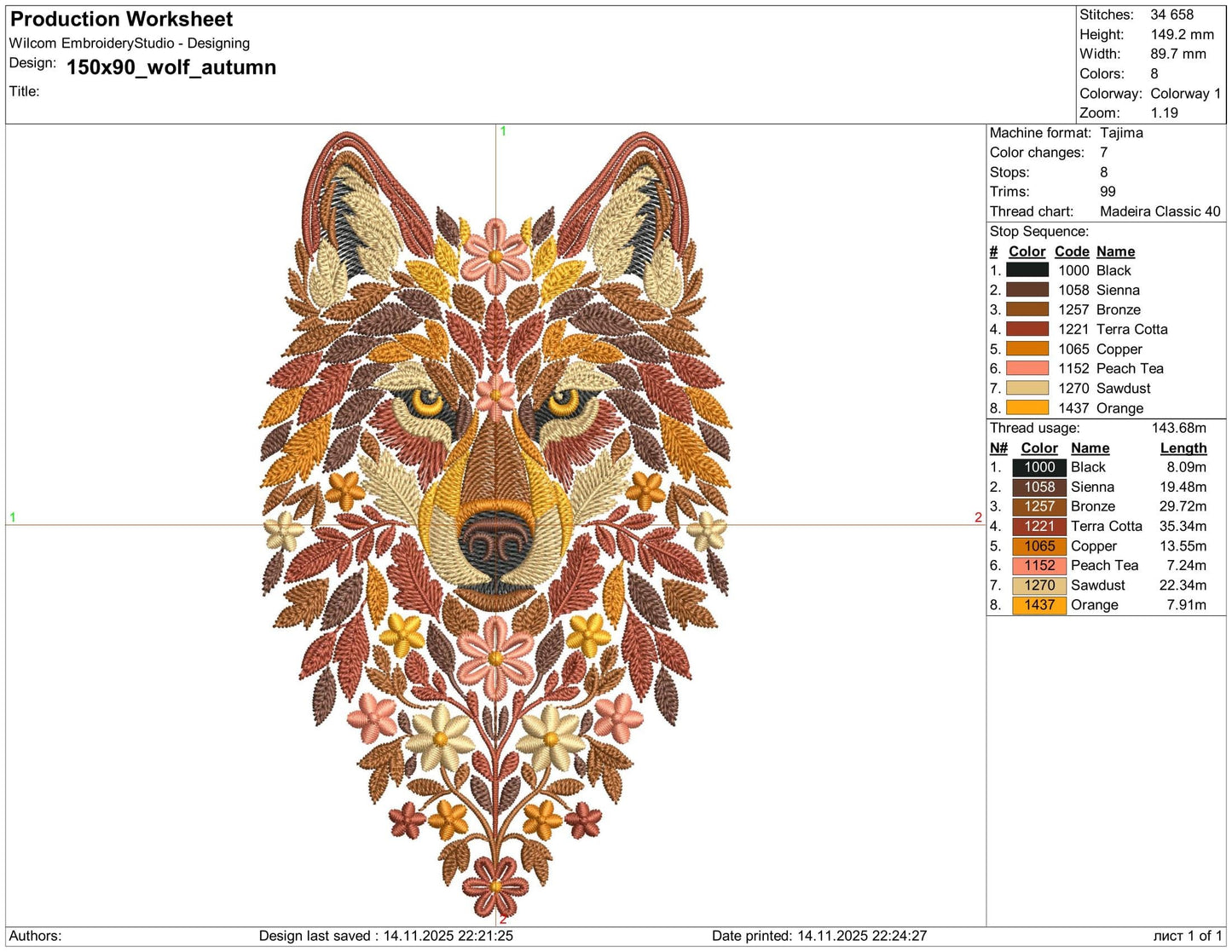 Autumn Wolf Machine Embroidery Design — Floral & Leaf Wolf Head, Autumn Floral Animal Pattern PES, Wolf Pattern Embroidery PES, Fall Leaves