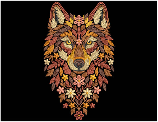 Autumn Wolf Machine Embroidery Design — Floral & Leaf Wolf Head, Autumn Floral Animal Pattern PES, Wolf Pattern Embroidery PES, Fall Leaves