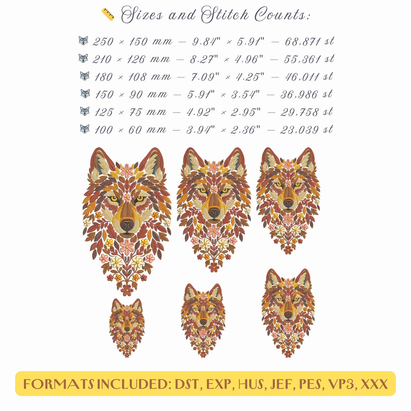 Autumn Wolf Machine Embroidery Design — Floral & Leaf Wolf Head, Autumn Floral Animal Pattern PES, Wolf Pattern Embroidery PES, Fall Leaves