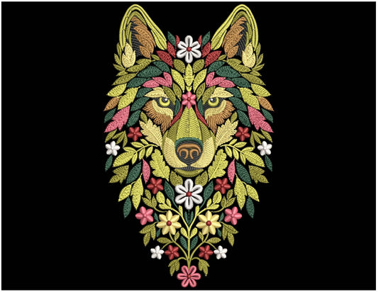 Floral Wolf Embroidery Design, Boho Wolf Embroidery Pattern PES, Animal Embroidery, Embroidery For Clothing, Hoodies, Bags, Home Decor PES